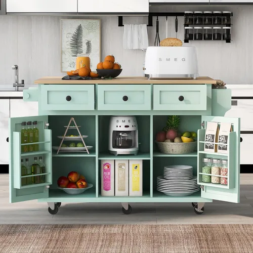 Miniatura 31 de Delicate Rolling Kitchen Island Cart with Rubber Wood Drop-Leaf Countertop and Lockable Rollers,Storage Cabinet and 2 Drawers,Sliding Barn Door