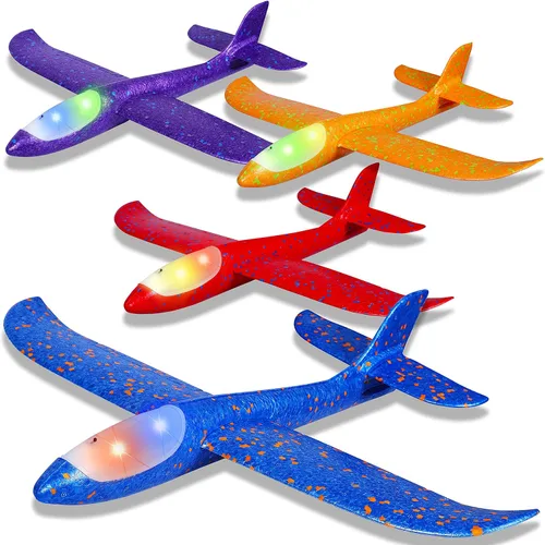 CUKU Paquete de 4 juguetes de avión con luz LED, avión grande de espuma de 17.5 pulgadas, 2 modos de vuelo, avión planeador, juguetes voladores al
