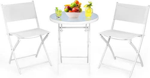 Miniatura 9 de HAPPYGRILL Juego de 3 piezas de bistró plegable para patio, juego de silla y mesa plegable al aire libre con tela transpirable, mesa de vidrio Negro