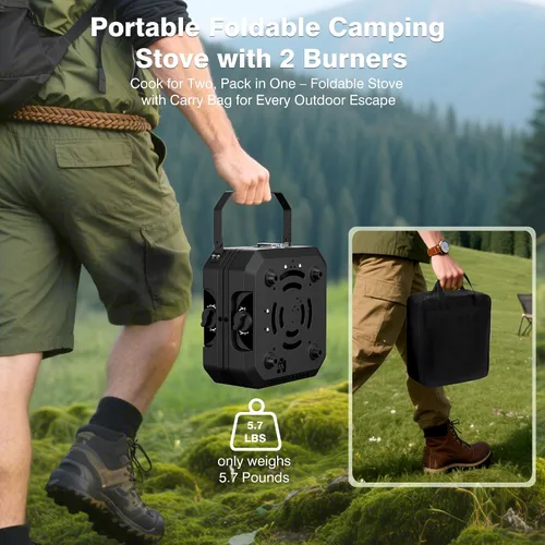 Miniatura 4 de Estufa de camping portátil de propano Estufa de campamento con calor ajustable independientemente y bolsa de transporte, estufa de gas plegable