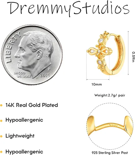 Miniatura 7 de Dremmy Studios arracadas de oro de 18quilates, dublé de oro, exquisitas, con borlas, abiertas, colgantes, con cruces, gotas, formas geométricas