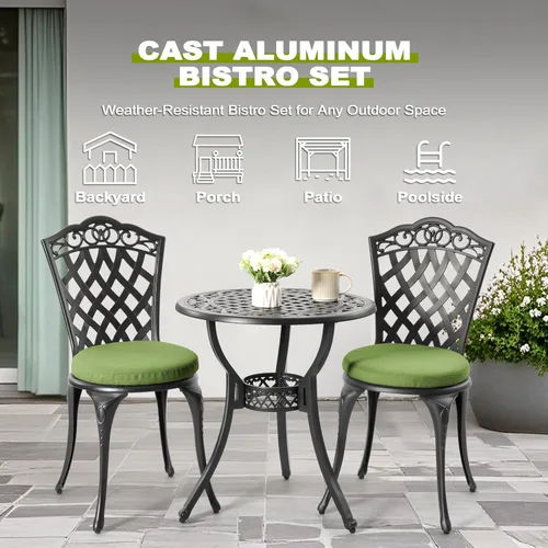 Miniatura 3 de NUU GARDEN Juego de 3 piezas de aluminio fundido para patio, mesa y sillas para exteriores, juego de 2 con agujero para sombrilla y cojines verdes