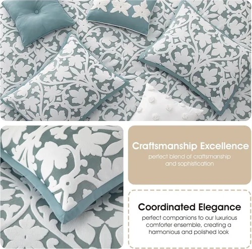 Miniatura 6 de Grand Avenue Juego de edredón azul de 7 piezas, juego de cama jacquard tamaño Queen, ropa de cama de hojas florales para todas las estaciones