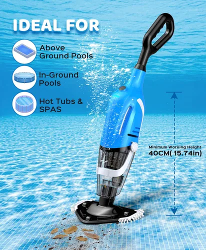 Miniatura 7 de Aspiradora de piscina para piscina sobre el suelo con un poste telescópico, 80 minutos de tiempo de funcionamiento, limpiador de piscina recargable