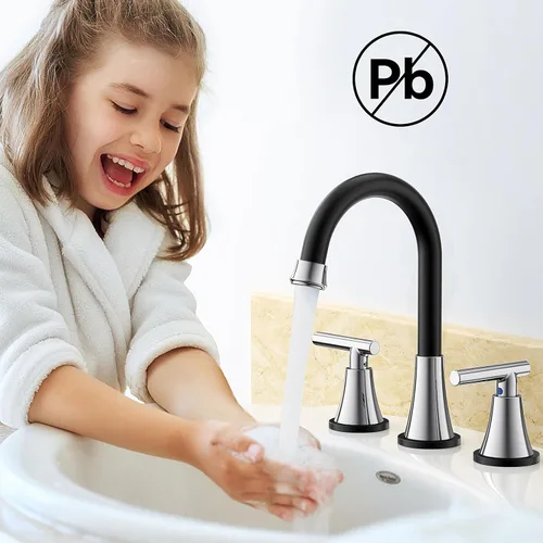 Miniatura 6 de Grifos de baño para lavabo de 3 agujeros, Hurran grifo negro y cromado para lavabo de baño con desagüe emergente y líneas de suministro, grifo