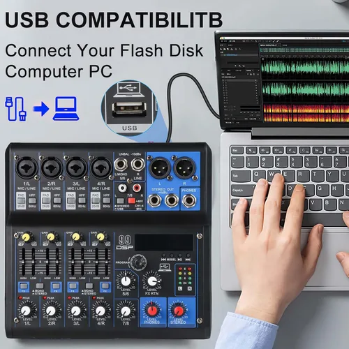 Miniatura 5 de Dj Mixers - Mezclador de audio de 8 canales con Bluetooth, interfaz de audio USB con grabación de tarjeta de sonido y 48 V Phantom Power Sounds