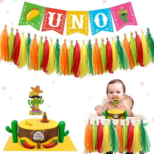 Decoración de fiesta mexicana para el primer cumpleaños, pancarta para silla de bebé, decoración de tarta, adorno de taco, borla de papel, guirnalda