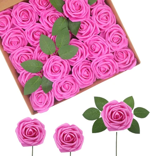 Miniatura 11 de Flores Artificiales Rosas Realistas, 50 piezas de rosas falsas con tallo de aspecto real para ramos de boda DIY, centros de mesa, despedida