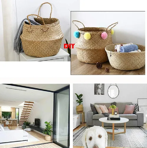 Miniatura 5 de AchNau - Canasta tejida de hierba marina natural, plegable, con asas, para almacenamiento, juguetes, lavandería, guardería, maceta, decorativa, S