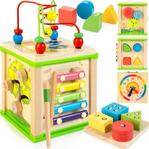 WOODMAM Cubo de Actividades de Madera 7 en 1 | Juguetes Montessori para Niños de 1, 2 y 3 Años | Juguetes Educativos de Desarrollo para Bebés | Verde