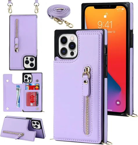 Miniatura 54 de Funda cruzada para teléfono iPhone 13 Pro Max de cuero con tarjetero, funda protectora extraíble, correa de cuero ajustable con botón, compatible