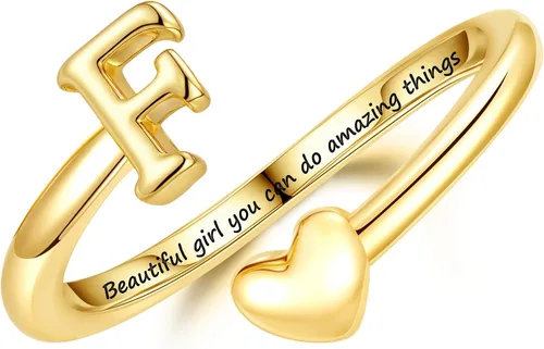 Miniatura 12 de Turandoss Regalos para el día de San Valentín para adolescentes, anillos de oro para niños, chapados en oro de 14 quilates con inicial para letra A