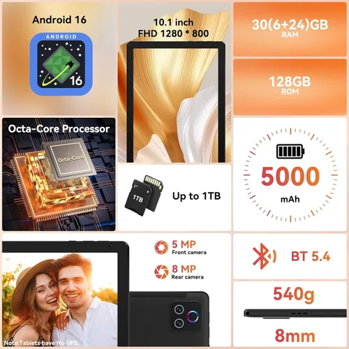 Miniatura 2 de URAO Tableta, tableta Android de 10.1 pulgadas con procesador Octa-core 30GB RAM 128GB ROM HD IPS pantalla táctil 8H batería, Wi-Fi 6, BT 5.4