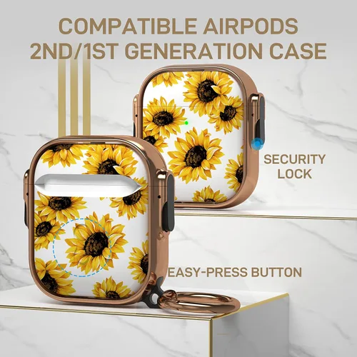 Miniatura 2 de Maxjoy para Funda de AirPods con Candado, Funda de AirPod con Flor, Funda Protectora Dura y Linda para AirPods 2, para Mujeres y Hombres, con oro +