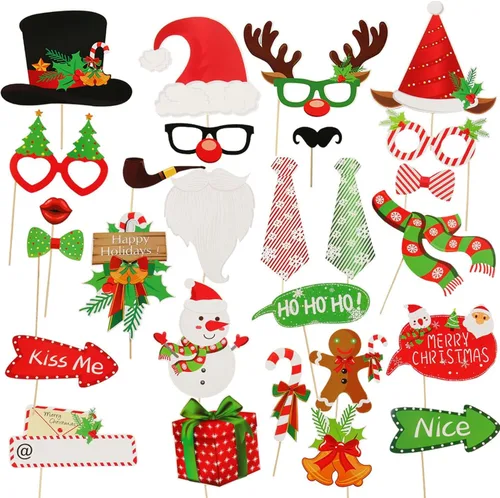SUNBEAUTY 28 piezas de accesorios de cabina de fotos de Navidad, suministros de fiesta de Navidad, accesorios de cabina de fotos para selfies,