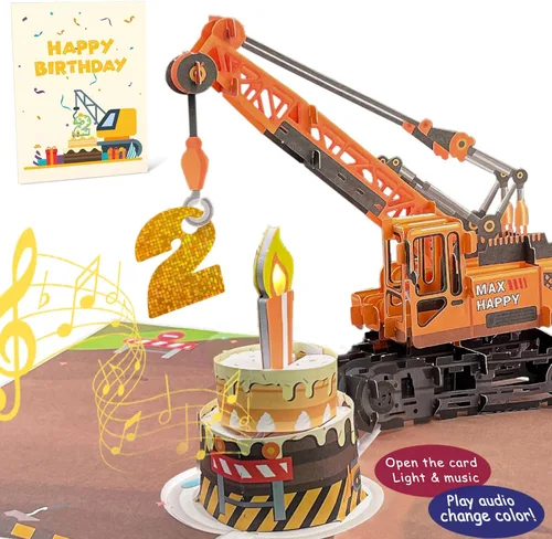 Tarjeta de felicitación emergente 3D para el 2do cumpleaños con luz y música, tarjeta de grúa y camión para niño, sobrino, nieto, hijo, niño 2nd