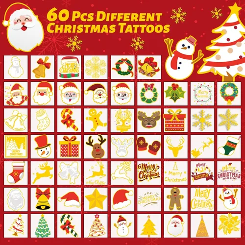 Miniatura 5 de 240 tatuajes temporales de Navidad para niños, tatuajes impermeables envueltos individualmente con purpurina, la mejor opción para rellenos