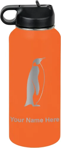 Miniatura 54 de LaserGram Botella de agua personalizada, pingüino, acero inoxidable de doble pared aislada al vacío con popote superior, regalo grabado