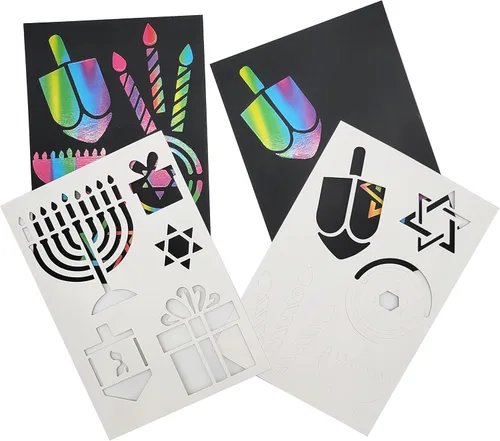 Miniatura 7 de The Dreidel Company Paquete de 12 plantillas de arte para rascar Hanukkah, arte de rascar arcoíris para niños con plantillas, marcadores y formas