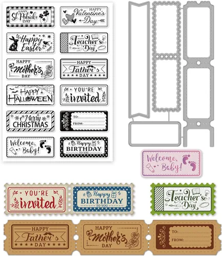 INFUNLY Palabras sellos y troqueles de corte de vacaciones y sellos transparentes para hacer tarjetas, bricolaje, álbumes de recortes, decoración de