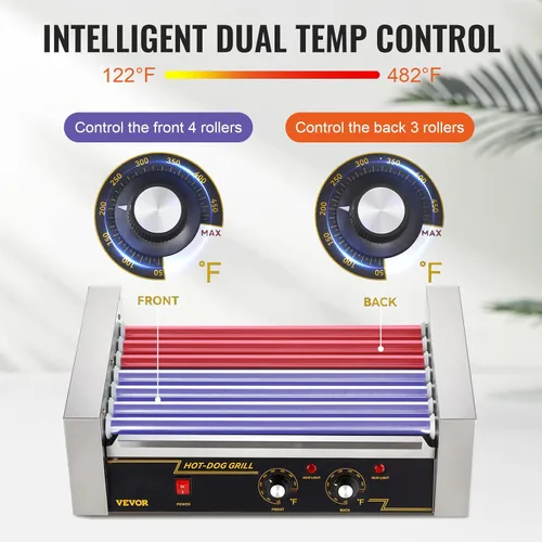 Miniatura 3 de VEVOR - Parrilla de rodillos para hot dogs y salchichas, de acero inoxidable, 1050 W, control doble de temperatura, tapa acrílica, bandeja
