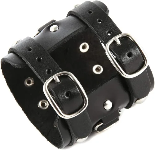 Miniatura 5 de STWTR Pulsera de cuero para hombre estilo punk rock, brazalete ancho tipo cinturón de motocicleta