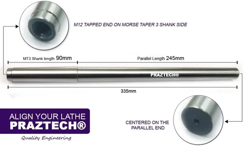 Miniatura 2 de PRAZTECH® Barra de mandril de prueba de alineación de torno de precisión Morse Taper 3 de 13.189 in de largo Vástago MT3 Extremo roscado M12