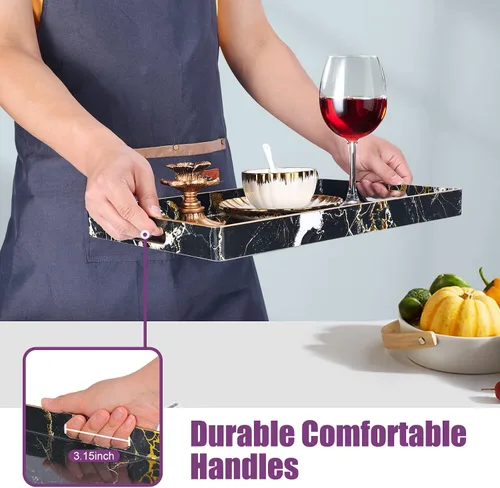 Miniatura 3 de Gifturbo - Bandeja de servir negra, bandejas de servir decorativas de mármol con asas, bandejas rectangulares de plástico para mesa de café otomanas