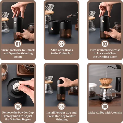 Miniatura 6 de ELMWAY - Molinillo de café eléctrico portátil con rebabas de acero inoxidable y ajuste de grosor interno, compacto para viajes y uso doméstico