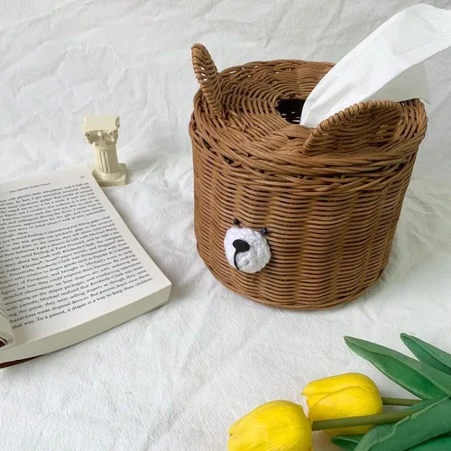 Miniatura 4 de Lindo oso tejido ratán cuadrado caja de pañuelos titular para cocina, baño, coche Soporte decorativo de mimbre recargable dispensador de Marrón