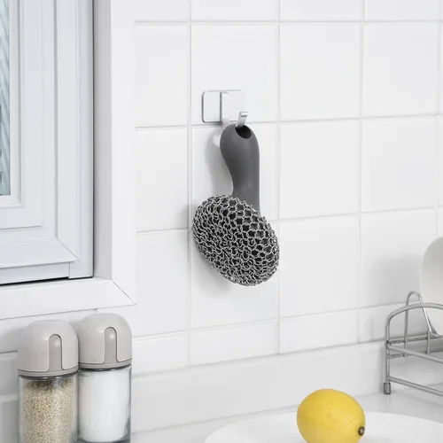 Miniatura 5 de SUBEKYU Estropajo de Hierro Fundido con Mango de Silicona, Limpiador de Sartén de Hierro Fundido de Acero Inoxidable Estropajo de Malla Metálica Gris