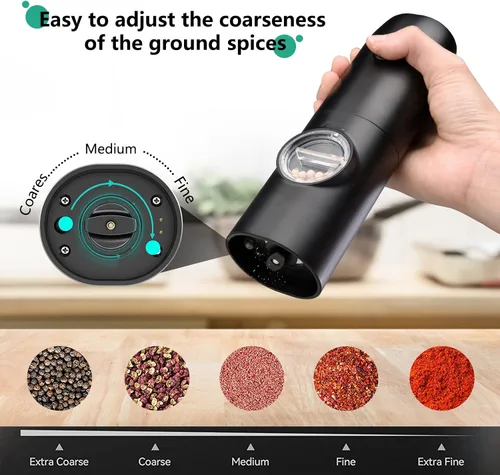 Miniatura 3 de Juego de molinillo eléctrico de sal y pimienta, juego de molinillo de pimienta automático recargable, luz LED, con una sola mano, con recipiente