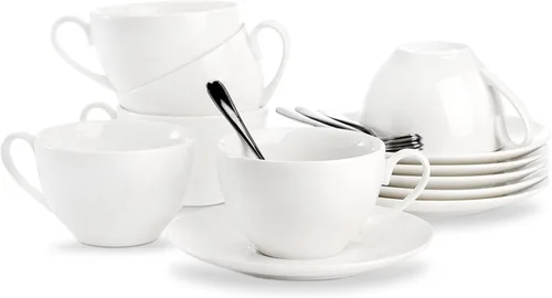 Miniatura 7 de Foraineam Tazas de café expreso con platillos y cucharas, juego de tazas de té blanco de 6 onzas, juego de taza de café de porcelana y platillo