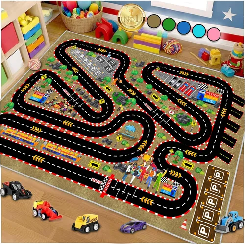 Miniatura 11 de Alfombra de coche para niños para autos de juguete, alfombra de pista de carreras, alfombra de carretera para sala de juegos, aula, habitación