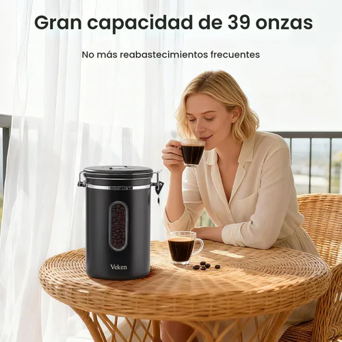 Miniatura 2 de Veken Recipiente de café grande con ventana, recipiente hermético de acero inoxidable para almacenamiento de alimentos de cocina para granos de café