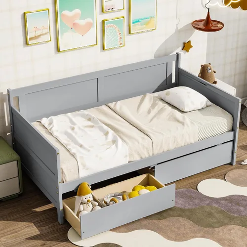Miniatura 30 de HomSof Cama individual con 2 cajones, madera maciza, no necesita somier, gris