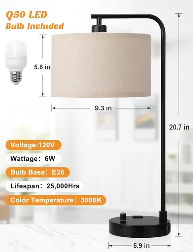 Miniatura 7 de Innqoo Lámpara de mesa alta con puerto USB y tomacorriente, lámparas de mesita de noche regulables con pantalla de lino, lámpara de escritorio