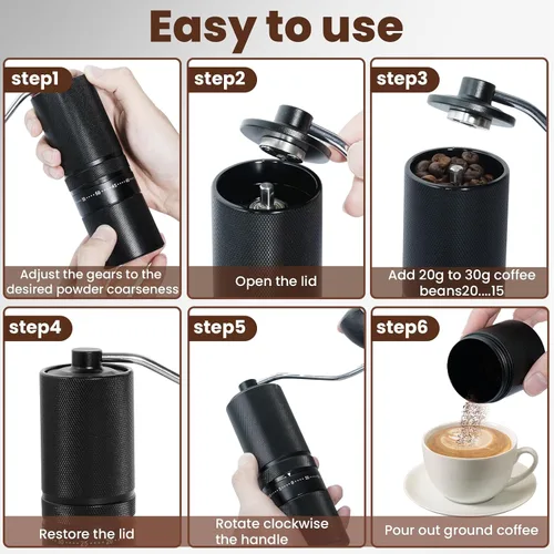 Miniatura 5 de Molinillo de café manual con 60 ajustes ajustables, molinillo de café portátil de mano con capacidad de 0.99 oz, molinillo de café cónico de acero