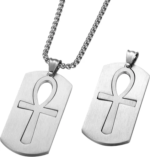 godcow para hombre colgante de acero inoxidable religioso egipcio Ankh Cruz Dog Tag Vintage collar, cadena de 22inch, acero inoxidable, Plateado