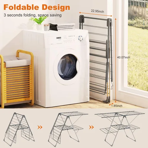Miniatura 4 de Estante de Secado de Ropa Bigzzia Plegable, Estante de Secado de Ropa de 2 Niveles Grande para Lavandería Plegable, Estante de Secado de Acero Gris