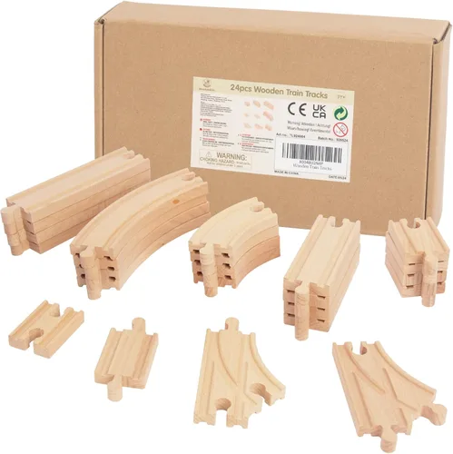 Miniatura 6 de Juego de 24 pistas de tren de madera, expansión de vías y 9 piezas distintas, 100% compatible con todas las principales marcas, incluido el sistema