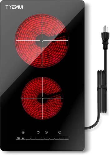 Placa de cocina eléctrica de 2 quemadores 110 V, enchufable, estufa de infrarrojos portátil de 2000 W con quemador doble de 12 pulgadas de vidrio