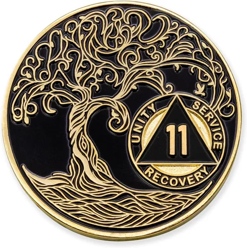 Miniatura 119 de 20 Year Sobriety Mint Twisted Tree of Life - Medallón de recuperación AA chapado en oro, fichas y fichas, color negro