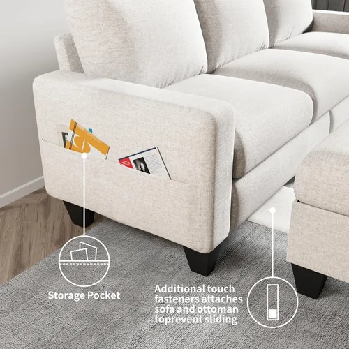 Miniatura 4 de Sofá modular convertible en forma de L, sofás beige para sala de estar con diván reversible, sofás modulares de lino moderno de 3 asientos para sala