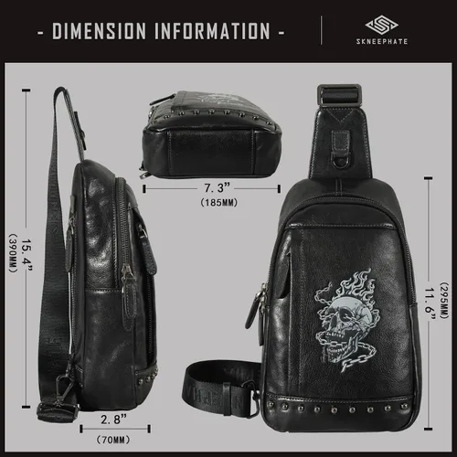 Miniatura 5 de Bolso bandolera pequeño de cuero genuino para hombres Crossbody, bolso negro de hombro de calavera para hombre, mochila de una sola correa, Negro