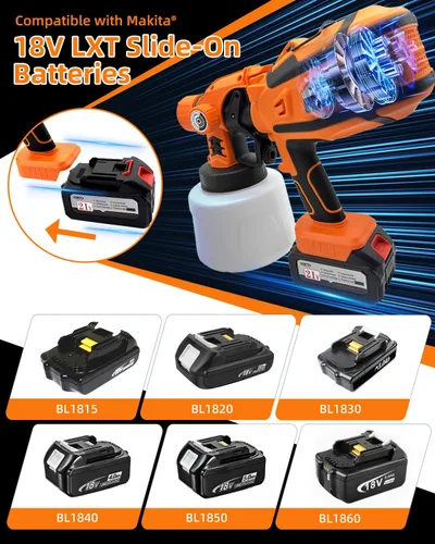 Miniatura 5 de Pulverizador de pintura HVLP inalámbrico - Motor de 650 W, recipiente desmontable de 47.3 fl oz, 6 boquillas de cobre, 3 patrones de pulverización
