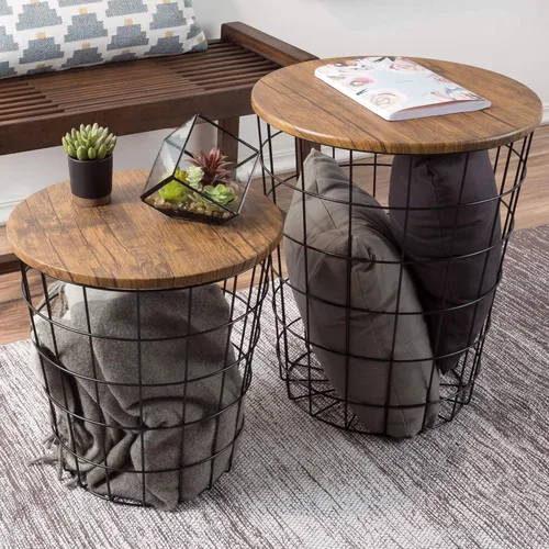 Miniatura 2 de Lavish Home - Juego de 2 mesas auxiliares - Mesas anidables con tapas de madera removibles y bases de cesta de metal para almacenamiento de mantas