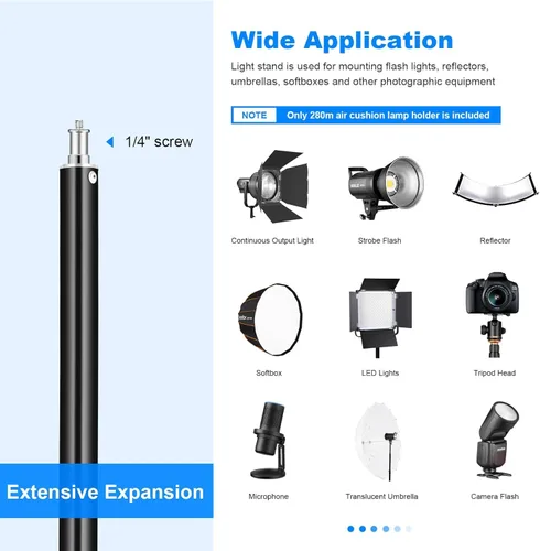 Miniatura 5 de Paquete de 2 soportes de luz resistentes de 9.2 pies / 110 pulgadas con resorte de aluminio acolchado para trípode, carga máxima: 22.0 lbs ajustable