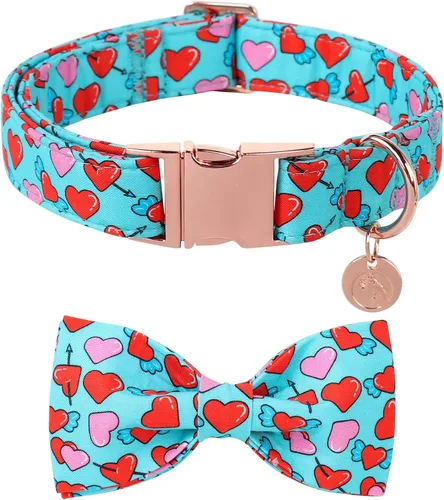 Miniatura 10 de DOGWONG Collar de perro de San Valentín con pajarita, corazón azul, perfecto para perros pequeños, medianos y grandes, patrón de corazón, pajarita