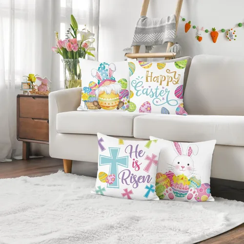 Miniatura 2 de Bonhause Juego de 4 fundas de almohada de Pascua de 18 x 18 pulgadas, decoraciones de Pascua para el hogar, huevos coloridos, conejos, conejos
